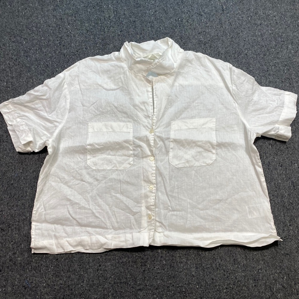 HM Linen Shirt Sz XL Womens White Boho Minimalist Boxy Short Sleeve Button Down